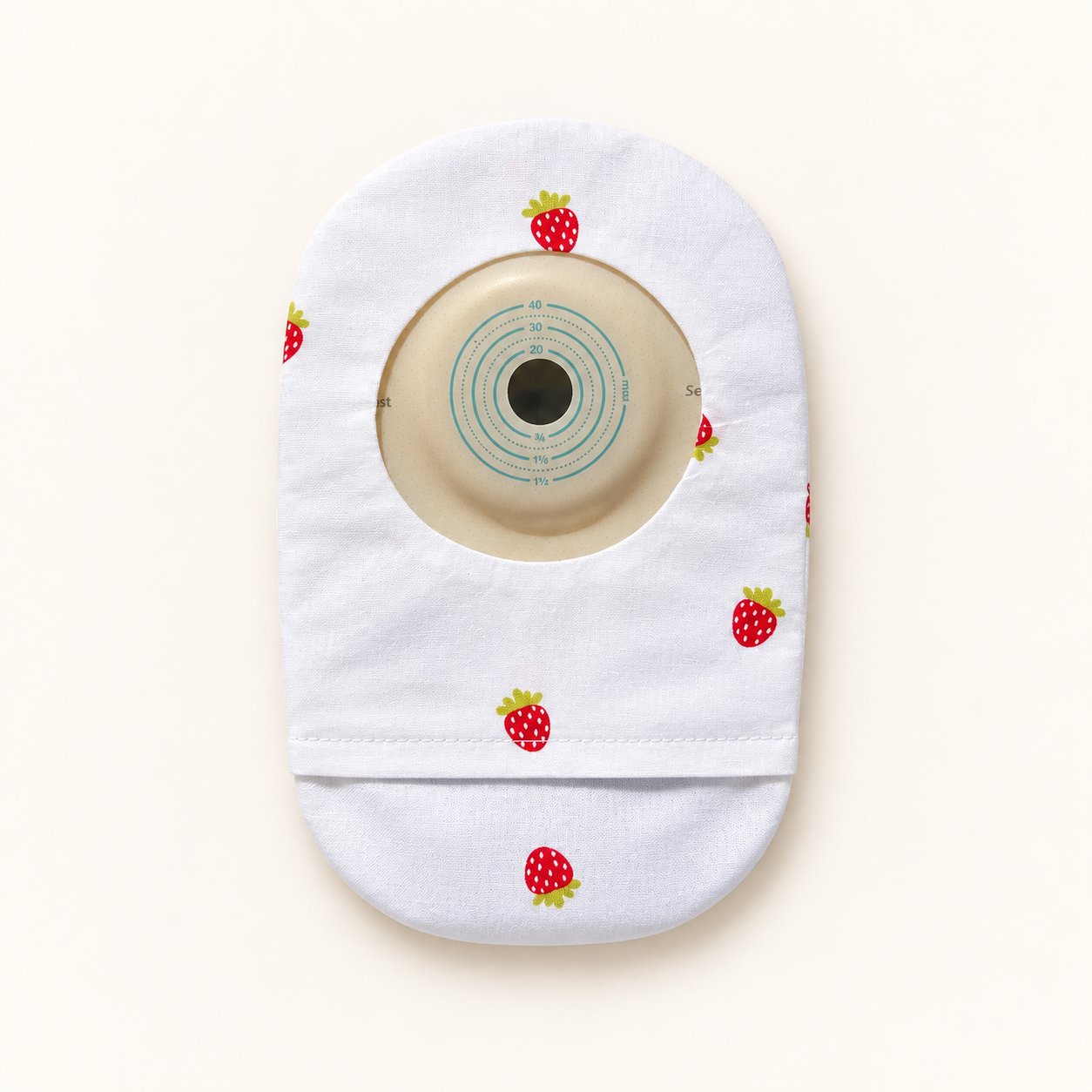 Rückseite Stoma Cover in Weiß mit zarten Erdbeeren