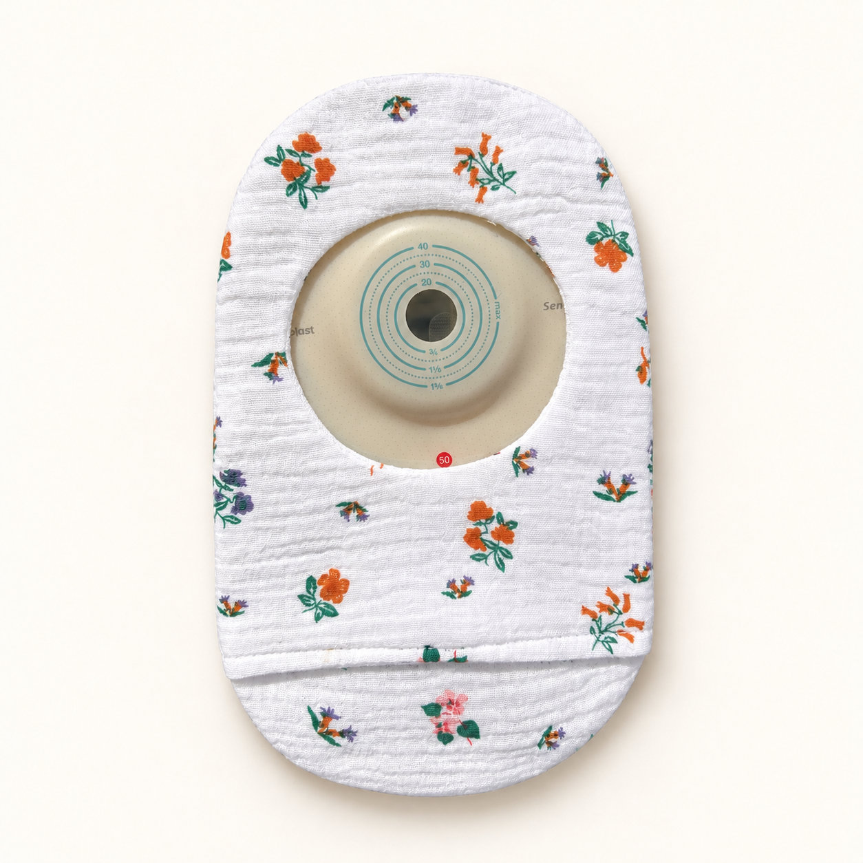 Rückseite Stoma Cover aus Musselin mit Blümchen-Muster